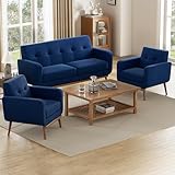 HUIMO Living Room Set, Button Tufted Living Room Furniture Sets, Upholstered Modern Couch Set with Solid Frame, Sofa Set for Living Room (Dark Blue, 3 Piece Set-1*loveseat+2*Chair)