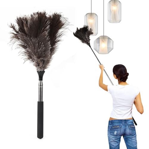 Ostrich Feather Duster,42-115cm Extendable Stainless Steel Handle for Cleaning,Long Handle Duster with Metal Handle for High Ceilings,Lamps, Cabinets, Furniture