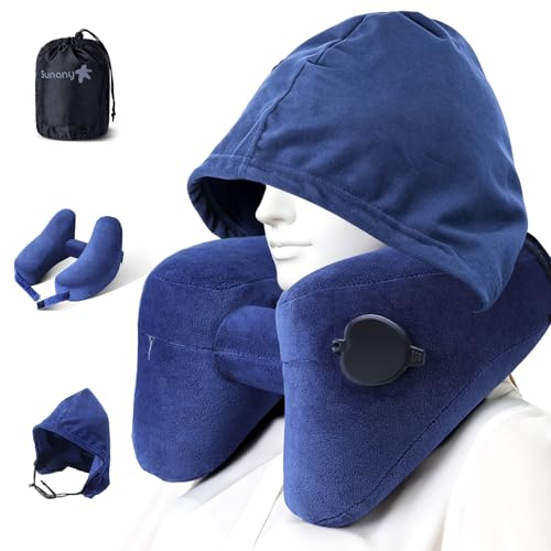 Sunany Neck Pillow for Travel Inflatable Airplane Pillow Comfortably Supports Head,Neck and Chin,Inflatable Travel Pillow with Soft Velour Cover,Hat,Portable Drawstring Bag (Blue) Sunany Neck Pillow for Travel Inflatable Airplane Pillow Comfortably Supports Head,Neck and Chin,Inflatable Travel Pillow with Soft Velour Cover,Hat,Portable Drawstring Bag (Blue)