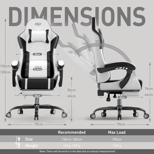 HLDIRECT Gaming Chair, Video Game Chair with Pocket Spring Cushion, Ergonomic Computer Chair for Adults with Headrest and Massage Lumbar Support, Swivel PU Leather Office Chair (Black&White) by HLDIRECT - Image 3