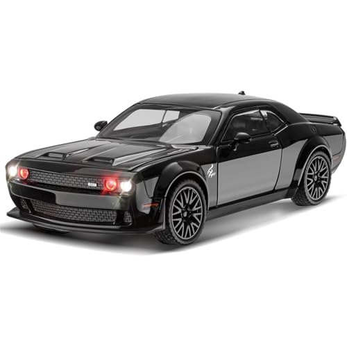 Image of 1:24 Scale Dodge Challenger Toy Car Hellcat Collection Diecast Metal Toy Model Car for Kids Light Sound Pull Back Openable Door, Black