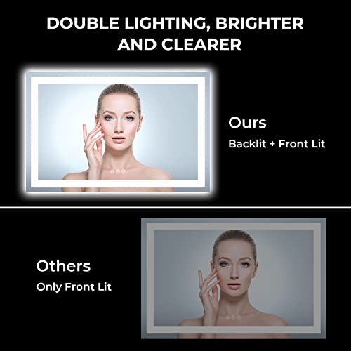 Image of 55x36 Inch LED Bathroom Mirror with Lights Front and Backlit Lighted Vanity Mirror for Bathroom Wall with 3 Colors Dimmable Anti-Fog Memory Shatter-Proof IP54 Waterproof Horizontal /Vertical