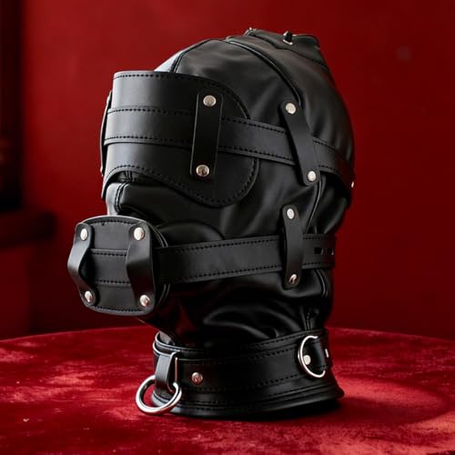 Image of FST Black Leather Bondage Hood,Full Face Blinder Detachable Cover Eye Dildo Mouth Gag Head Hood, for Unisex Adult Play