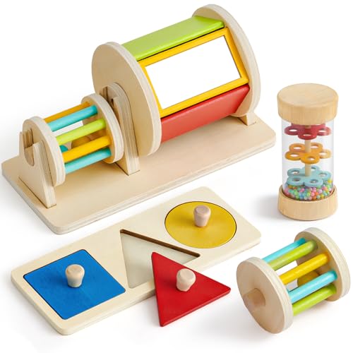 Toyssa Wooden Montessori Toys for Babies 6-12 months with Rainbow Color and Mirror Spinning Drum/Baby Shape puzzle 6-12 months/Sensory Toys Rain...