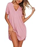 Ekouaer Women's Cotton Nightshirt Short Sleeve Button Down Nightgown V-Neck Sleepwear Pjs Dress Pink S