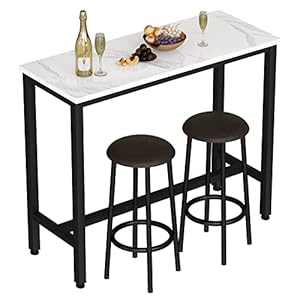 AWQM Bar Table Set of 2, 47.2″ Faux Marble Table Top,PU Leather Stools,3 Piece Pub Height Table Set,Breakfast Nook Dining Table Set with 2 Round Stools,Ideal for Living Room,Kitchen,Bar,White
