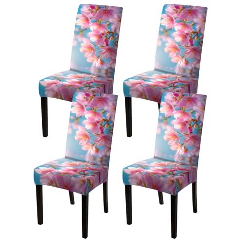 Image of Nuxovilar 4PCS Pink Cherry Blossom Print Milk Silk Seat Covers | Stretch Slipcover Furniture Protector Blossom Wrap Seat Guard Dining Room Spring Brunch Indoor (Cherry Blossom)