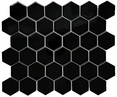 Tenedos Hexagon 2 Inch Glossy Porcelain Floor Wall Mosaic Tile for Bathroom Shower, Kitchen Backsplashes, Accent Wall, Pool Tile (15, Black)