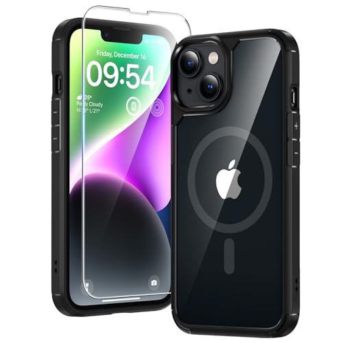Image of TAURI for iPhone 14 Case, Compatible with MagSafe, Black | with Screen Protector, Not-Yellowing Military-Grade Protection, Shockproof Slim Magnetic Case for iPhone 14