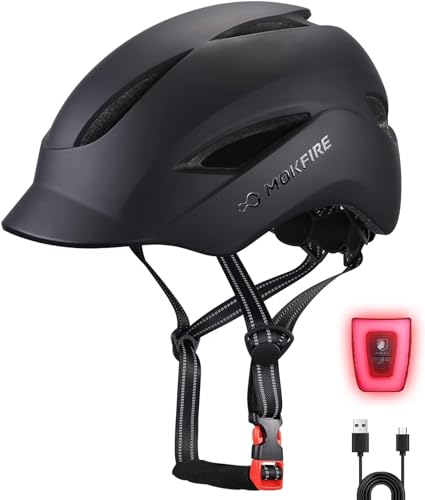 MOKFIRE Adult Bike Helmet with USB Charge Rear Safety Light & Reflective Strap for Unisex Men/Women, E Bicycle Helmets, Urban Commuter Cycle Biking Helmet, Adjustable Size (M: 54-57 CM, Matte Black)