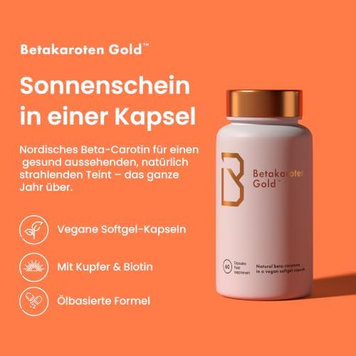 Betakaroten Gold® Beta Carotin Kapseln, 6 mg für sanfte Bräune von innen - Norwegische Qualität - 60 Kapseln - vegan - mit Kokosöl, Biotin, Kupfer & Vitamin C,A,E - 3-Monats-Vorrat