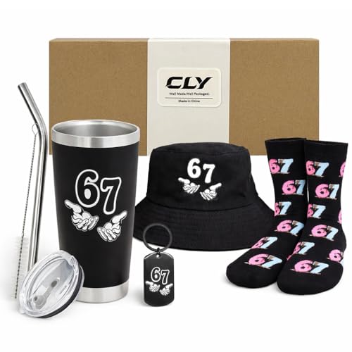 67 Meme Gifts Set with Funny Brainrot 6 7 / Six Seven Design 20oz Tumbler with Straw & Brush Hat Socks Keychain 67 Items Gift Box for Birthday Thanksgiving for Teens Men Boyfriend & Los 67 Fans