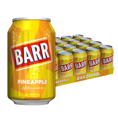 BARR 24 Pack Sparkling Pineapple Soda Zero No Sugar Pineapple Flavoured Fizzy Drink Sparkling Fizzy Pop 24 x 330ml Cans