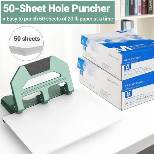 Image of AFMAT Heavy Duty 3 Hole Puncher, 50-Sheet Paper Punch Heavy Duty, 50% Reduced Effort Three Hole Punch, 10K+ Uses, Metal Hole Puncher 3 Ring w /Large Tray, Bulit-in S.S. Paper Guide HPX4(Green)