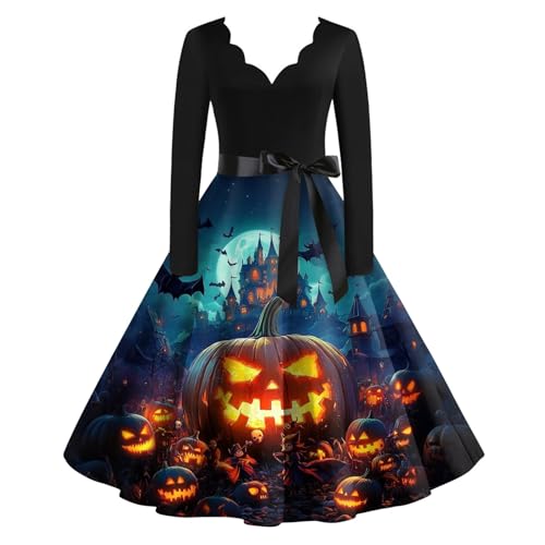 OIOLOYJM Sexy Plus Size Halloween Costumes Woman 2025 Long Sleeve V Neck Printed Gothic Retro Formal Party Dresses for Women