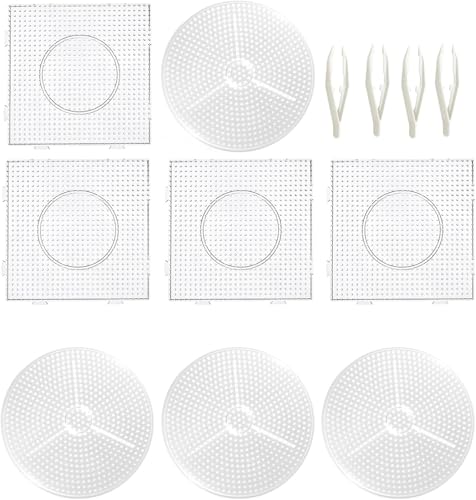 Foonary 8 Stück Transparente Bügelperlen Platten 5mm – 4 Quadrat & 4 Runde Vorlagen, 4 Kunststoff Pinzetten, Bügelperlen Schablonen Transparent, Durchsichtige Steckplatten Für Kinder & Erwachsene