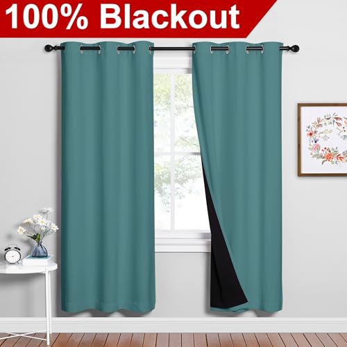 Image of NICETOWN 100% Blackout Window Curtain Panels, Sea Teal, 2 Pieces, 42-inch Wide Per Panel, Full Light Blocking Drapes with Black Liner for Nursery, 72-inch Drop Thermal Insulated Draperies