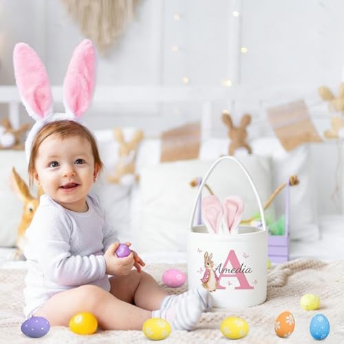 Personalized Baby Easter Basket with Name Custom Bunny Easter Baskets for Kids Baby Boys Girls Infant Toddler Baby's First Easter Basket Decorations Gifts Party Supplies - 3