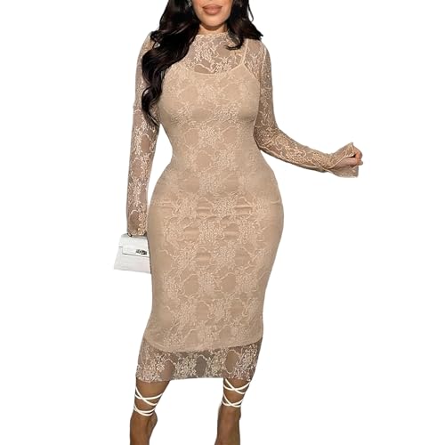 Binightt Women's Elegant Bodycon Midi Dress Long Sleeve Floral Lace Sheer Mesh Two Piece Dresses Set Khaki L