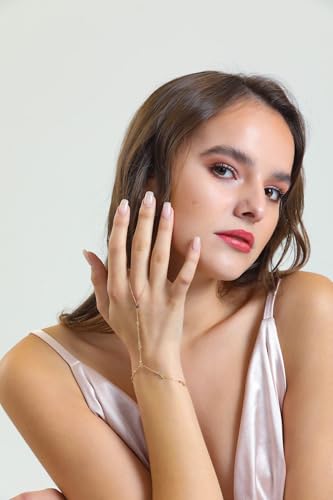 100% 14k Real Gold Bracelet Ring Hand Chain - Adjustable Finger Chain Bracelet Gold | Dainty Charm Hand Jewelry for Women | Birthday Gifts for Women | 7'' to 8''4