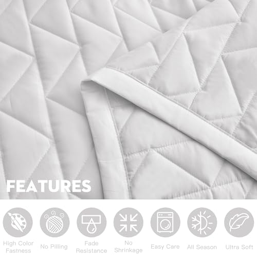 Image of Oversized King Bedspread, Geometric Diamond Stitched Quilt Set King /Cal King, Lightweight Reversible Coverlet, Straight Edge - Clean Modern Look, 5 Piece, Pure White