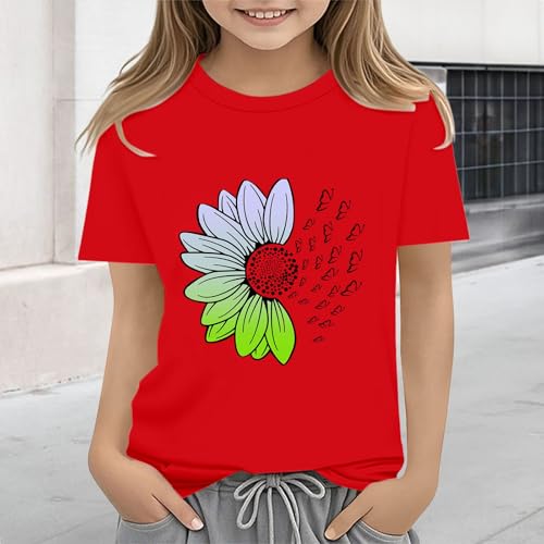Girls Loose Fit Sunflower Graphic T Shirts Short Sleeve Crewneck Cute Pattern Printed Tops Kids (D-Red, 8-9 Years)4