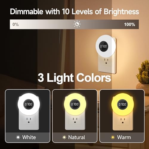 Night Light Clock, Dimmable+3 Light Colors+Timer Nightlight Timing Light, Small Clock, Toilet Light with Plug in Timer, Night Light Plug in, Nightlight for Kids Room, Bedroom Clocks for Kids Room
