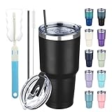 GUDEMAO 30 oz Tumbler with Lids and Straws, Stainless Steel Insulated Coffee Tumbler, Double Wall Vacuum Insulated Travel Mug Cup, Leakproof Thermal Coffee Cup for Hot and Cold Drinks (Black)
