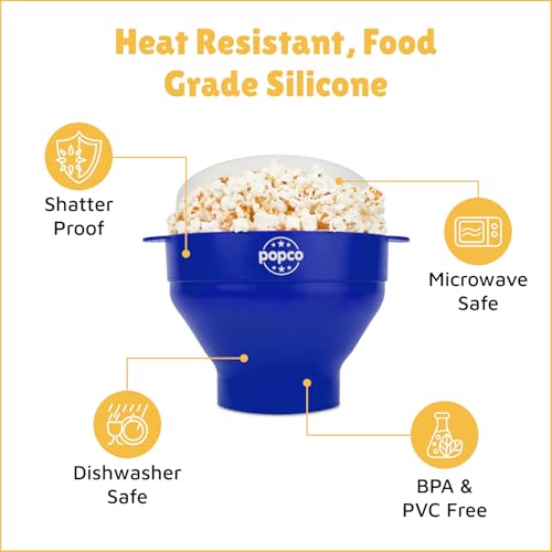 The Original Popco Silicone Microwave Popcorn Popper with Handles, Silicone Popcorn Maker, Collapsible Bowl Bpa Free and Dishwasher Safe - 10 Colors Available (Blue)