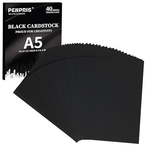 papier épais, 110 lb, idéal pour l'art et la fabrication de cartes, l'artisanat et l'impression, noir, 40 feuilles, format A5, 300 g/m²