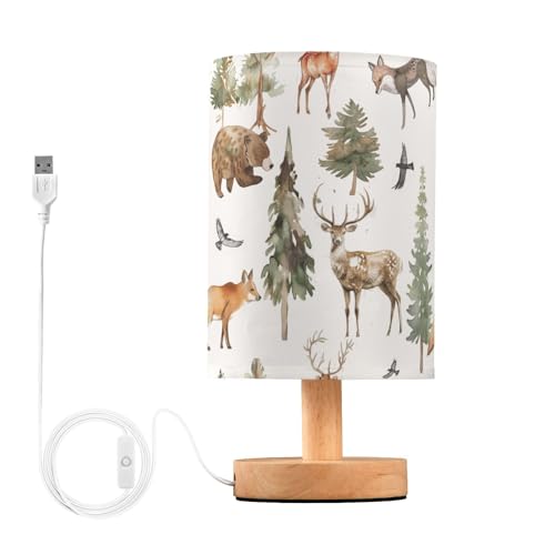 Image of YYZZH Table Lamp Watercolor Animal Forest Tree Deer Fox Bear Nightstand Lamp with Wood Base Fabric Lamp Shade Bedside Desk Lamp for Living Room Bedroom Kids Room Office