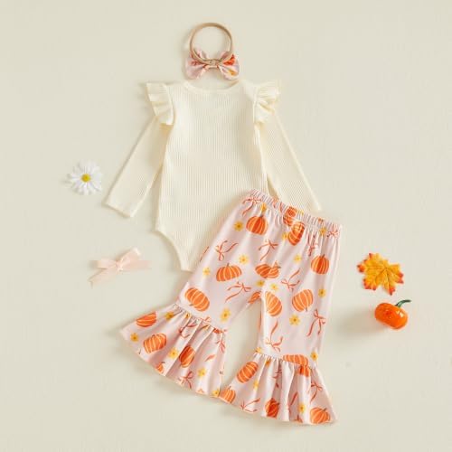 fhutpw Baby Girl Halloween Clothes Long Sleeve Romper Tops Ghost Pants Set (Ribbed Apricot- Pumpkin, 0-3 Months) — view 6