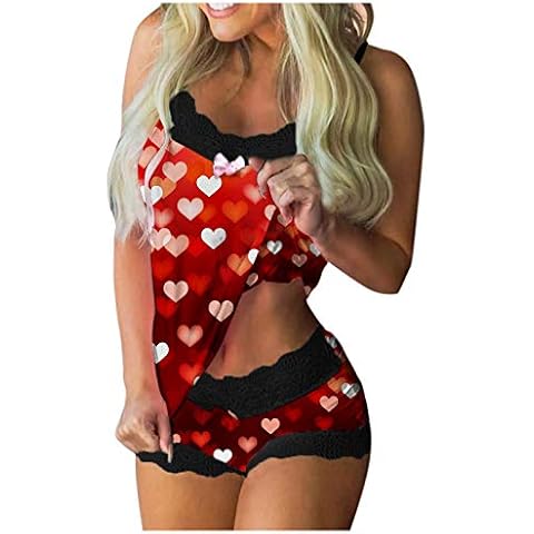 CHIKAN Nachtwäsche Lingerie, Reizwäsche Dessous Sexy, Frauen Print Pyjamas Ärmellose Spitze Cami Shorts Dessous Nachtwäsche Set, F, M Cover