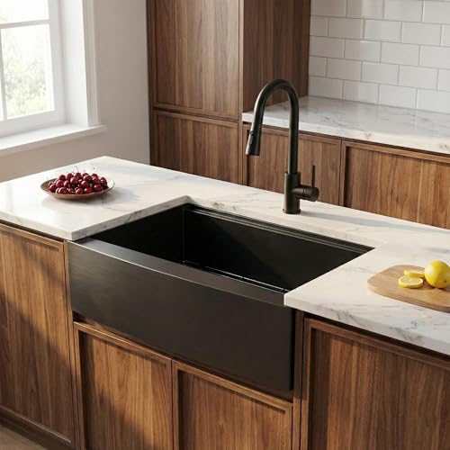 Image of 33 Inch Black Farmhouse Sink, 33x20x9 Undermount Gunmetal Black Apron Front Farm Ktichen Sink Stainless Steel Single Bowl 16 Gauge with Accessories