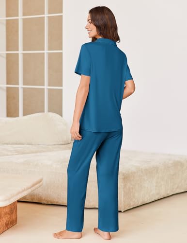 Image of Ekouaer Pajamas for Women Set Button Up Short Sleeve Pjs Sets With Pockets | Soft Womens Sleepwear,V Neck,Notch Collar,2 Piece Classic Loungewear With Long Pant for Sleep,Lounge,Fall