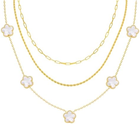 Gold Layered Necklace for Women - 3Pcs 18K Gold Plated Floral Necklaces, Stainless Steel Stackable Cuban Link Chain Non Tarnish Trendy Jewelry, Herringbone Chokers Christmas Birthday Gifts for Her