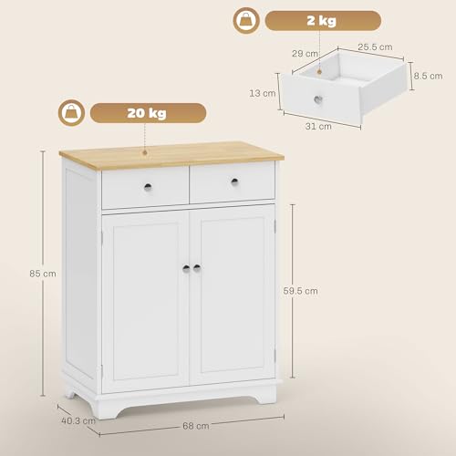 HOMCOM Kitchen Floor Cabinet Side Storage Cupboard Multi-use Sideboard Table with Solid Wood Top, Adjustable Shelf,Drawer for Dining Room, Living Room,Hallway - Image 3