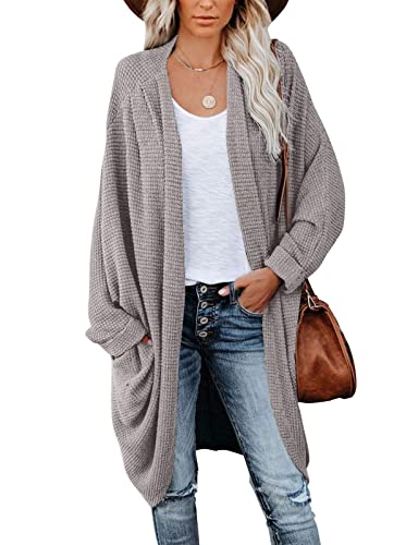 MEROKEETY Women s Waffle Knit Batwing Long Sleeve Cardigan Loose Open Front Sweater Coat, Grey, L