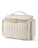 BAGSMART Large Travel Toiletry Bag with Wet Pocket, Wide-Open Travel Bag for Toiletries, Cosmetics, Multi-Pocket Puffy Vanity Case, Beige
