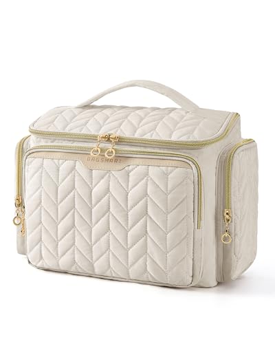 Image of BAGSMART Travel Toiletry Bag, Large Wide-open Travel Bag for Toiletries, Makeup Cosmetic Travel Bag with Handle, Beige