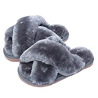 Fadezar Girls Fluffy Cute Fuzzy Slippers - Open Toe Warm Fur Slides Cross Band Plush Slip on House Indoor Slippers Grey Narrow US 4-5 Big Kid EU 36-37