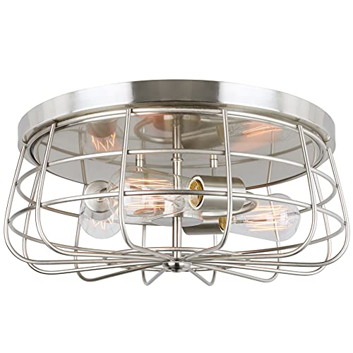 Kira Home Gage 15" Modern Industrial 3-Light Round Cage Flush Mount Ceiling Light, Brushed Nickel Finish for Halls, Bedroom, Living Room, Den, Breakfast Nook, Foyer, Entry, Kitchen Island, and Office