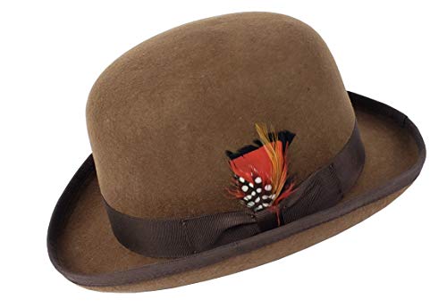 Different Touch Men's 100% Wool Felt Derby Bowler with Removable Feather Fedora Hats (XL, Brown)