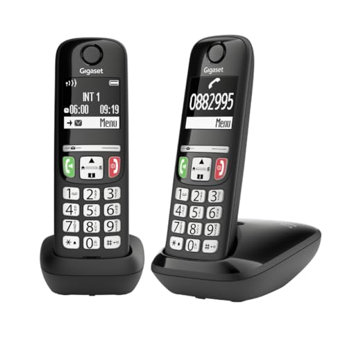 Gigaset E275 Duo - 2 Teléfonos DECT Inalámbrico - Teclado Fácil de Usar - Compatible con audífonos - Teclado y Botones Grandes - Pantalla Gráfica en Blanco y Negro Iluminada, Negro [Versión Española]