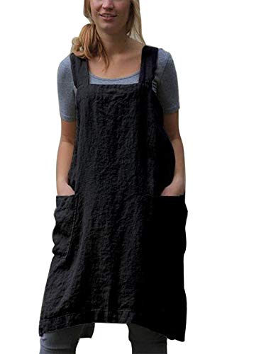 Women Cotton Linen Cross Back Japanese Style Aprons for Cooking Crafting Gardening Barbeque Pottery with 2 Pockets Plus Size (Black, XX-Large)
