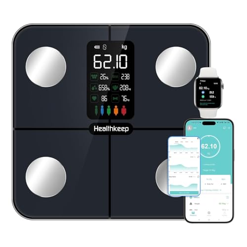 Healthkeep Waga z dużym wyświetlaczem VA, 15 danych ciała z pulsem, inteligentna waga kompatybilna z iOS i Androidem, maks. 180 kg/28 cm, granatowa