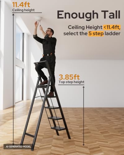 Image of 5 Step Ladder Folding Step Stool Stepladders with Anti-Slip and Wide Pedal for Home and Kitchen Use Space Saving (Black)