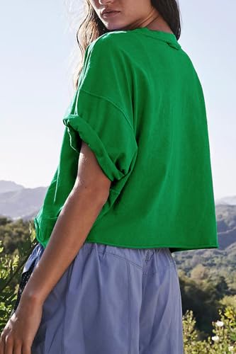 Image of HUGOOME Womens Oversized Workout Crop Top Casual Short Sleeve Boxy Roll Hem | Basic Half Split Sleeve Drop Shoulder Loose Yoga Running Gym Tee Cropped T-shirt Solid Trendy Relaxed Daily Tee