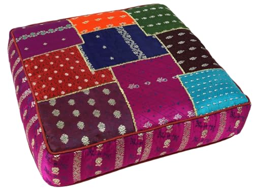 GURU SHOP Orientalisches Eckiges Patchwork Kissen 40 cm, Sitzkissen, Bodenkissen mit Baumwollfüllung - Lila/bunt, Synthetisch