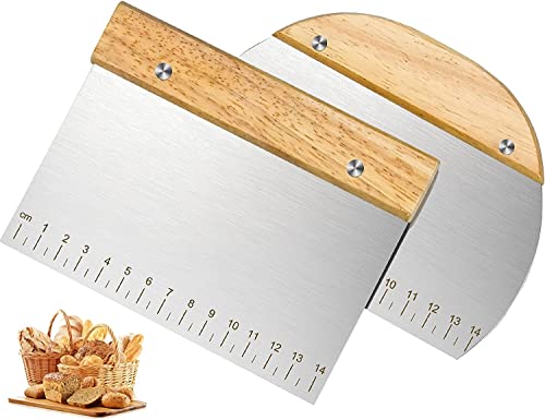 2 Pcs Grattoir à Pâtisserie Manche en Bois Avec Echelle de Mesure, Grattoirs Semi-Circulaires et Rectangulaires, Coupe-Pâte pour Faire des Pizzas, Des Pâtisseries, Des Crêpes, Du Pain